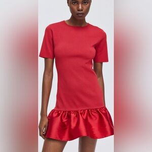 H&M•KNIT DRESS RED RUFFLE SHORT SLEEVE•Size S•NWT
